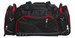 A black duffle bag with red accents and multiple compartments, featuring zippers and handles.