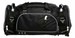 A black duffle bag featuring multiple zippered compartments and adjustable straps. It has a sleek design with a branding logo.