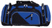 A duffle bag in black and blue with multiple zippered compartments and a logo.