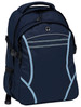 A navy blue backpack with light blue accents and multiple compartments. It features a logo on the front.