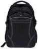 A black backpack features multiple compartments, padded straps, and a mesh side pocket, with an emblem on the front.