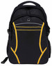 A black backpack with yellow accents and a logo. Features a front zip pocket and mesh side pockets.