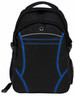 A black backpack with blue accents, featuring zippers, a mesh side pocket, and a logo on the front.