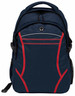 A navy blue backpack with red accents, featuring multiple compartments and a side mesh pocket. It has a logo on the front.
