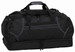 A black duffle bag with multiple zippered compartments and carry handles, featuring a logo.