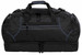 A black duffle bag with multiple zippered pockets and dual handles, featuring a branding logo.