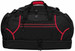 A black duffle bag with red accents, featuring multiple zippered compartments and sturdy handles. It has a logo.