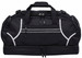 A black duffle bag with reflective accents and multiple compartments, featuring two handles and zippers.