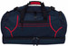 A duffle bag in navy blue with red accents, featuring multiple zippers and handles, and a branded logo.