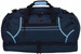 A navy duffle bag with light blue accents, featuring double zippers and carry handles, along with a logo on the side.