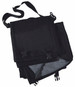 A black sports blanket with straps and clips, neatly folded for storage. It has a simple, functional design.