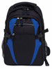 A black backpack with blue accents, featuring multiple zippers and side mesh pockets. It has a logo on the front.
