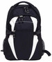 A black and white Spliced Zenith Backpack with multiple compartments and mesh side pockets. It features a branding logo.