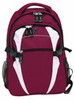 A maroon and white backpack featuring multiple compartments, zippers, and a mesh side pocket. It has a logo.