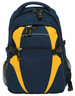 A navy blue and yellow Spliced Zenith Backpack with zippers and mesh side pockets. It features a branded logo.