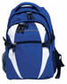 A blue and white backpack featuring multiple compartments, zippers, and a mesh side pocket. It includes a logo.