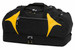 A black duffle bag with yellow accents, featuring multiple zippered compartments and a sturdy handle.