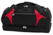 A black duffle bag with red accents, featuring multiple zippers and compartments, and includes a logo.