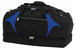 A black duffle bag with blue accents, featuring multiple zippered compartments and a sturdy handle.