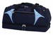A navy blue duffle bag with light blue accents and multiple zippered compartments. Features a logo.