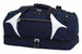 A navy blue duffle bag with white accents, featuring multiple zippers and a branding logo.