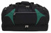 A black duffle bag with green accents and multiple zippered compartments. It features a sturdy handle and branding.