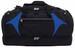 A black duffle bag with blue accents, featuring multiple zippered compartments and sturdy handles.