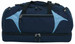 A navy duffle bag with light blue accents and multiple zippers, featuring carry handles and a logo.