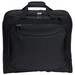 A black garment bag with dual zippers and top carry handle, featuring a sleek, minimalist design.