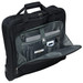 A black garment bag featuring multiple compartments, including space for a laptop, pens, and other accessories.