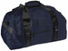 A navy duffle bag with black straps and a front zipper pocket, featuring a brand logo.