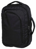 A black laptop bag features a zippered front pocket and a sturdy handle. It has a sleek, streamlined design.