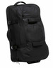 A large black wheeled travel bag with multiple compartments and adjustable straps. It features a logo on the front.