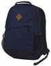 A navy and black backpack featuring a front pocket, side mesh pocket, and a simple logo.