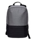 A grey and black backpack featuring a sleek design and a logo on the front. It has adjustable shoulder straps.