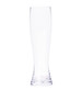 A clear glass beer glass with a tall, slender design and a thick base, featuring a logo.