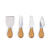 A set of four cheese knives with stainless steel blades and wooden handles, suitable for serving cheese.