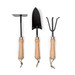 Three garden tools with wooden handles: a hand trowel, a cultivator, and a rake, featuring black metal heads.