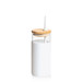 A drink bottle in white glass with a bamboo lid and a straw. Features a simple, modern design.