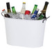 A white ice bucket filled with ice and various bottles, including beers and soft drinks. It has one logo visible.