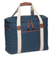 A navy cooler bag with a zippered top, cream straps, and a brown leather handle. It features a front pocket and a logo.