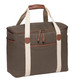 A brown cooler bag with cream straps and a zippered pocket, featuring a leather handle and branding.