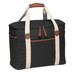 A black cooler bag with beige straps and a brown leather handle, featuring a front pocket and a zip closure.