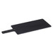 A rectangular black serving board with a handle and decorative rivets. Suitable for food preparation or serving.