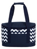 A round cooler bag featuring a navy blue and white chevron pattern with sturdy handles.