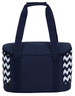 A navy blue cooler bag with a white chevron pattern on the sides and dual carrying straps. It has a rounded shape.