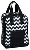 A black and white chevron-patterned picnic bag with dual handles and a front pocket. It features a mesh side pocket.