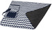 A patterned outdoor blanket featuring a navy and white chevron design, with a solid black underside and a pocket.