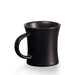 A black ceramic mug with a curved handle, featuring a sleek and modern design.