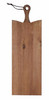 A wooden serving board in a natural finish with a handle and a leather strap. It features a rustic design.